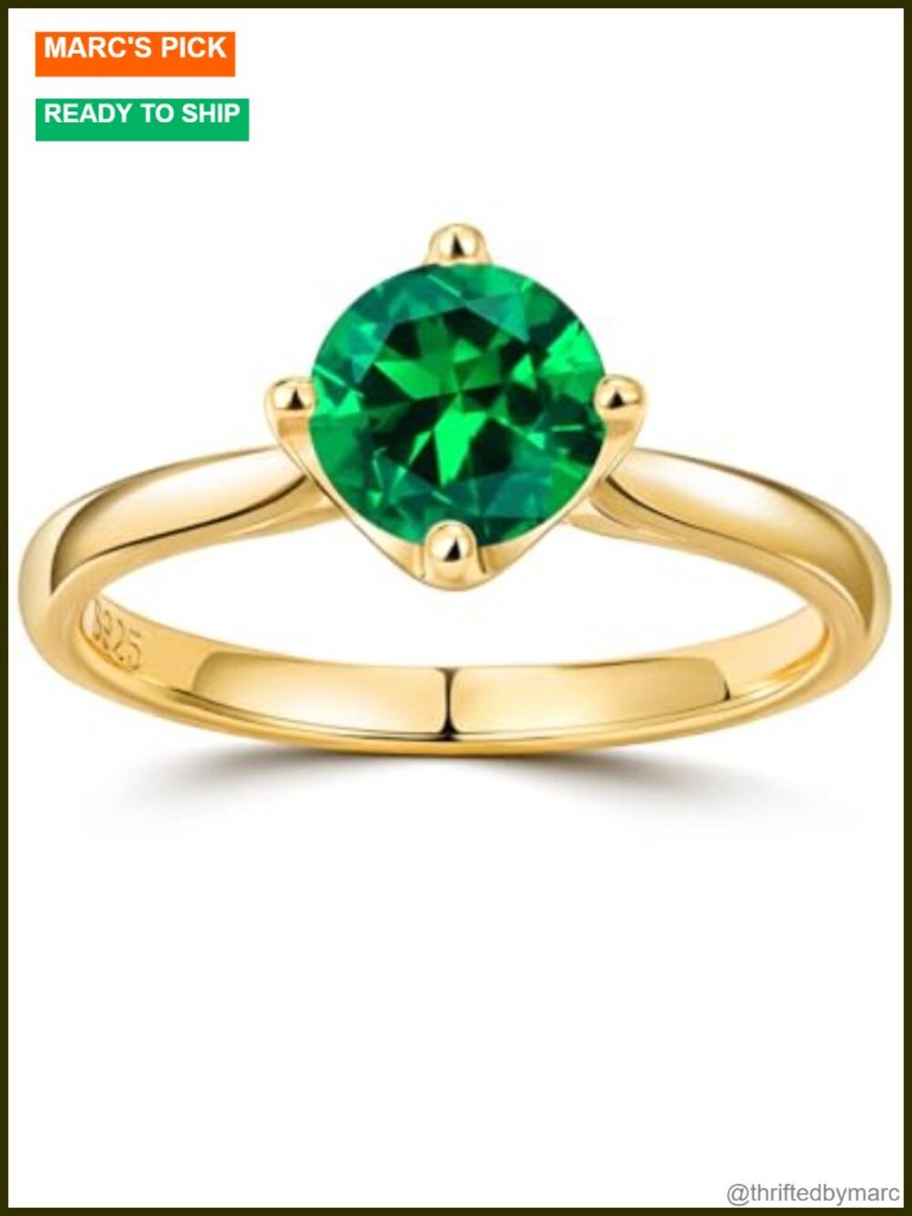 925 Sterling Silver Gold Plated Engagement Ring Lab Grown Emerald Round 1 Carat